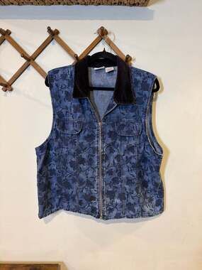 Capacity Woman Vintage Floral Denim Vest Corduroy Collar Size 1X